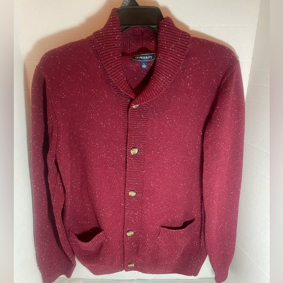 Crown & Ivy Men's Shawl Collard Burgundy Button Closure Cardigan Sweater Sz. L - Picture 2 of 11